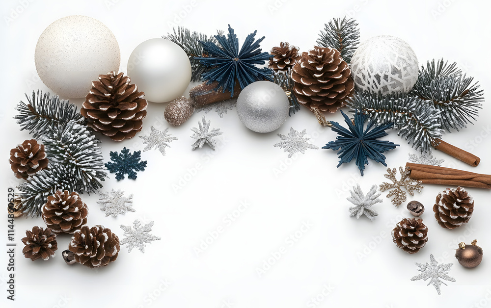 Decorative Christmas and winter elements arranged on a white surface for festive occasions Decorative Christmas and winter elements arranged on a white surface for festive occasions