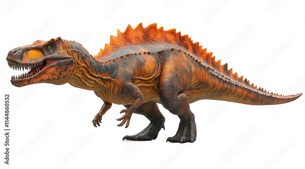 Fiery Spinosaurus Rex: A detailed, photorealistic model of a Spinosaurus Rex, showcasing its fiery orange and brown scales, in a dynamic pose. Fiery Spinosaurus Rex: A detailed, photorealistic model of a Spinosaurus Rex, showcasing its fiery orange and brown scales, in a dynamic pose.