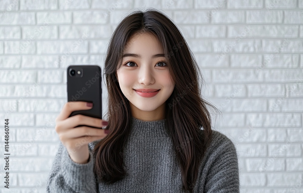 Young Asian woman taking a selfie photo with a smartphone, wearing a gray sweater and smiling at the camera while standing against a white brick wall background in the living room at home. Young Asian woman taking a selfie photo with a smartphone, wearing a gray sweater and smiling at the camera while standing against a white brick wall background in the living room at home.
