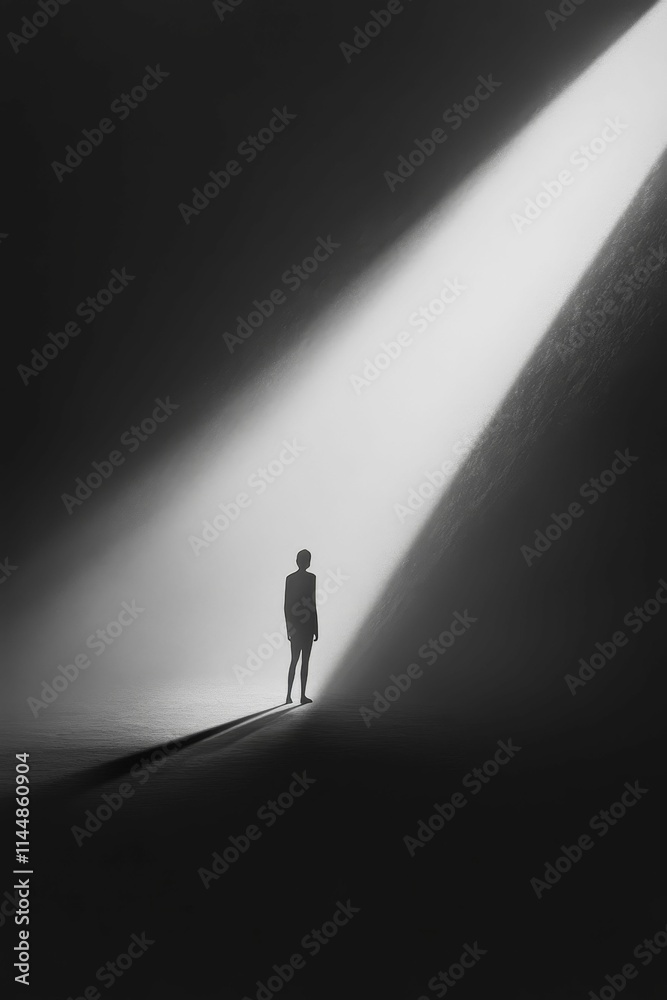Silhouette stands, light beam, dark, somber, alone. Silhouette stands, light beam, dark, somber, alone.