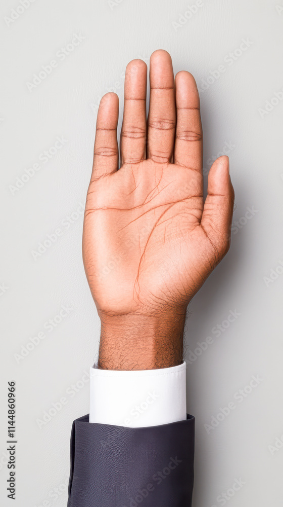 A hand is raised in the air, with the fingers spread out A hand is raised in the air, with the fingers spread out