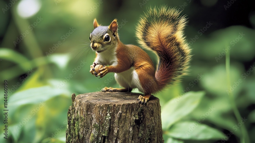 Squirrel sits on stump holding nut, green foliage background. Squirrel sits on stump holding nut, green foliage background.