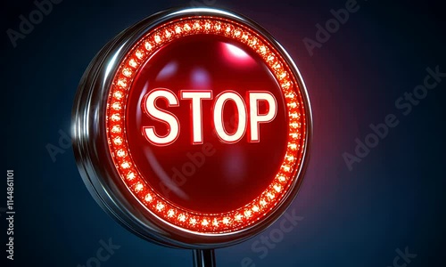 Glowing red stop button with neon lights and metallic frame photo