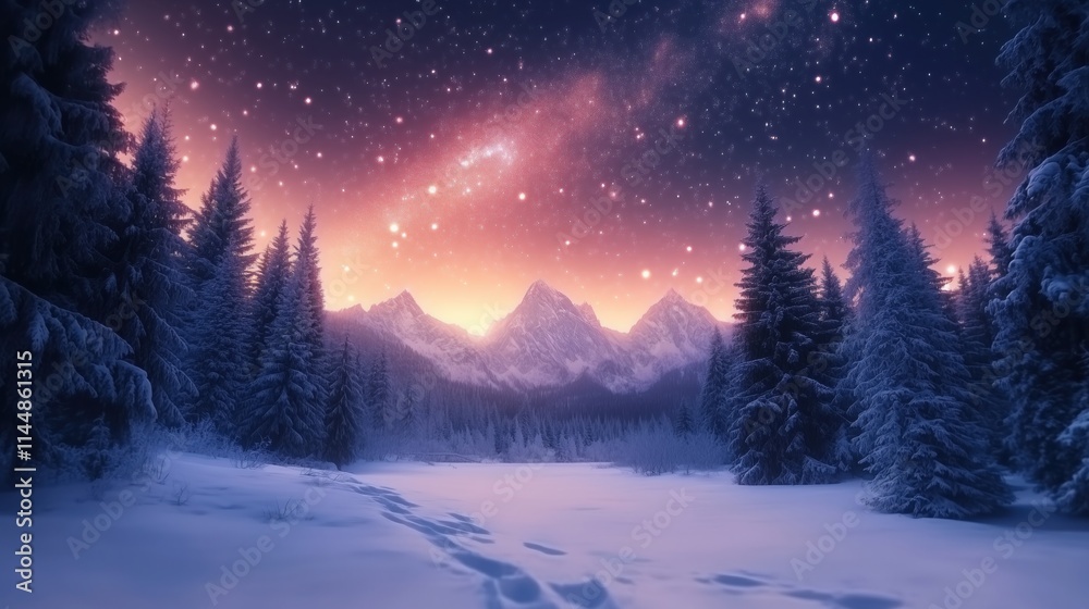 Footprints crossing the pristine snow create a path through a tranquil coniferous forest, framed by majestic snowy mountains under a dazzling milky way in the night sky Footprints crossing the pristine snow create a path through a tranquil coniferous forest, framed by majestic snowy mountains under a dazzling milky way in the night sky