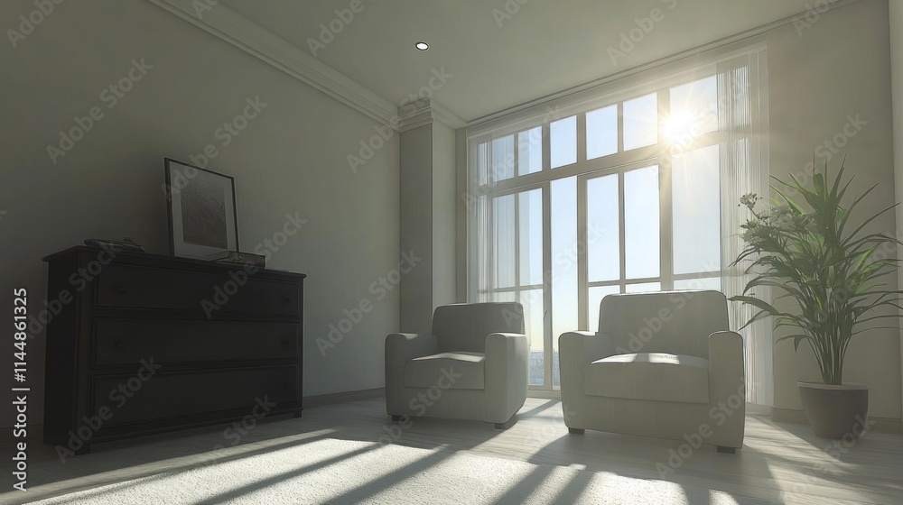 Fototapeta premium Sunlit room with chairs, cabinet, plant.