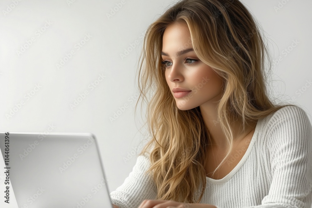 Young professional woman with long blond hair is concentrating on her laptop, working remotely from home in a bright and minimalist setting