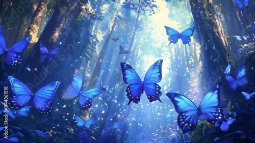 A swarm of vibrant blue butterflies flutter through a sun-dappled forest, creating a magical and enchanting scene. Ideal for nature documentaries, fantasy films, or dreamlike sequences.. AI Generation