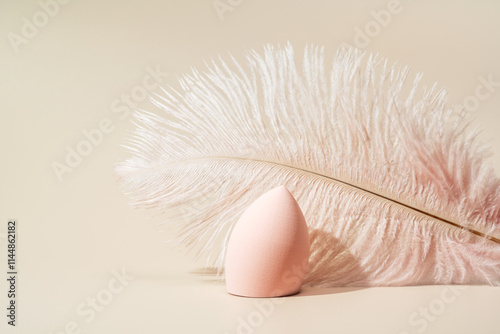 Soft pink cosmetic sponge with delicate feather on beige background