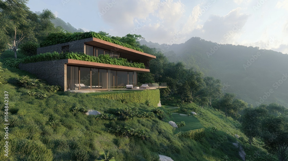 Contemporary house built on a mountain slope, surrounded by dense tropical forest, green roof with vegetation and spacious terrace background AI generated image Contemporary house built on a mountain slope, surrounded by dense tropical forest, green roof with vegetation and spacious terrace background AI generated image