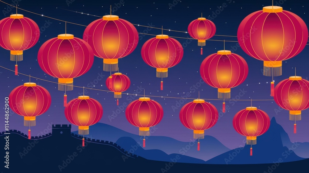 Obraz premium Vibrant Red Lanterns Starry Night Sky - Lunar New Year Celebration Illustration