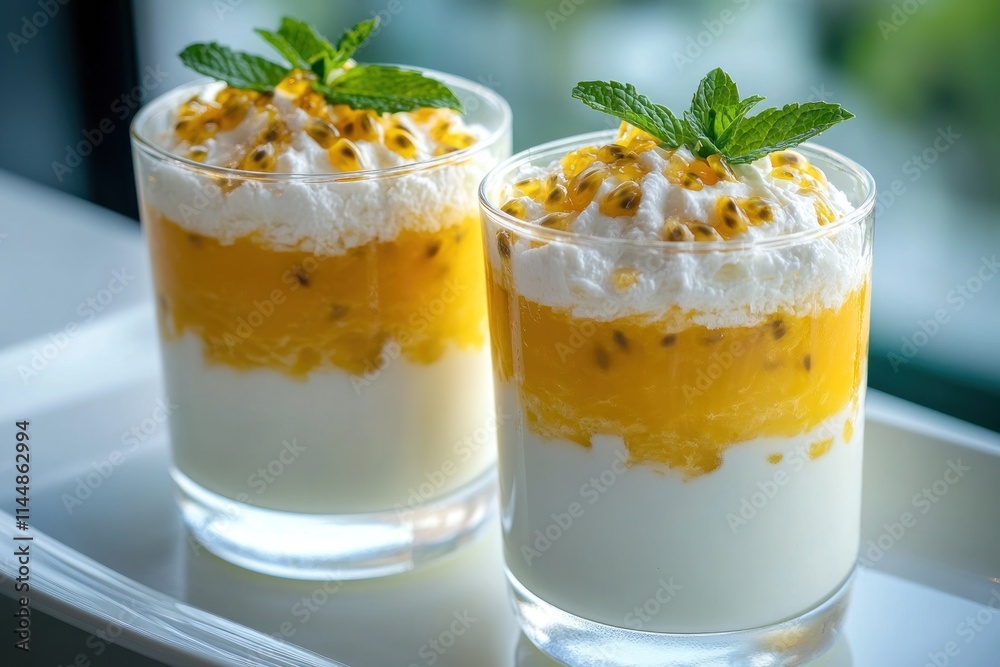 Two passion fruit yogurt glasses with mint. Two passion fruit yogurt glasses with mint.