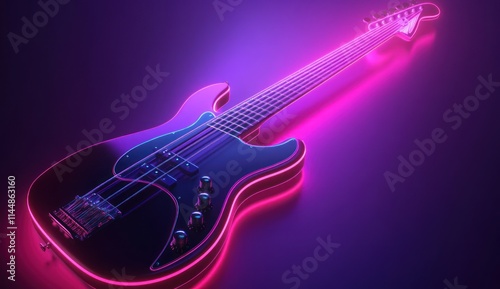 Electric bass guitar with purple neon outline on dark background.
