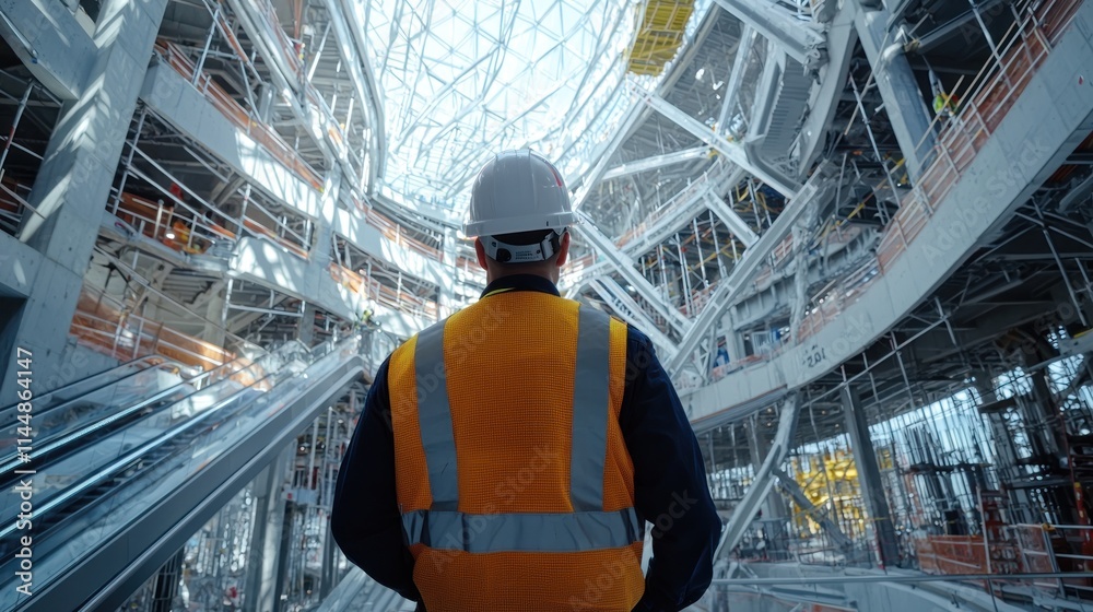 Man in hardhat looking at interior steel framework of a construction project. Man in hardhat looking at interior steel framework of a construction project.