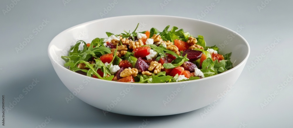 Salad with arugula, beet, walnut, tomato, and feta in a white bowl. Salad with arugula, beet, walnut, tomato, and feta in a white bowl.