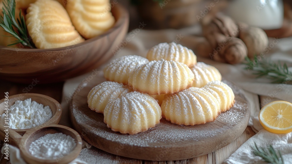 Stacked sugared cookies on wooden board, with other cookies and ingredients.