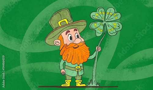Joyful leprechaun with large clover celebrates St. Patrick's Day