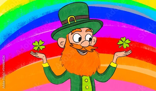 Cheerful leprechaun celebrating St. Patrick's Day with a rainbow photo