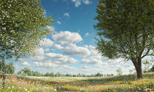spring landscape with blooming wild flowers in meadow