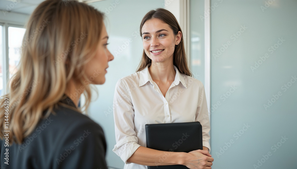 Job candidate smiling and engaging in conversation during an interview process Job candidate smiling and engaging in conversation during an interview process