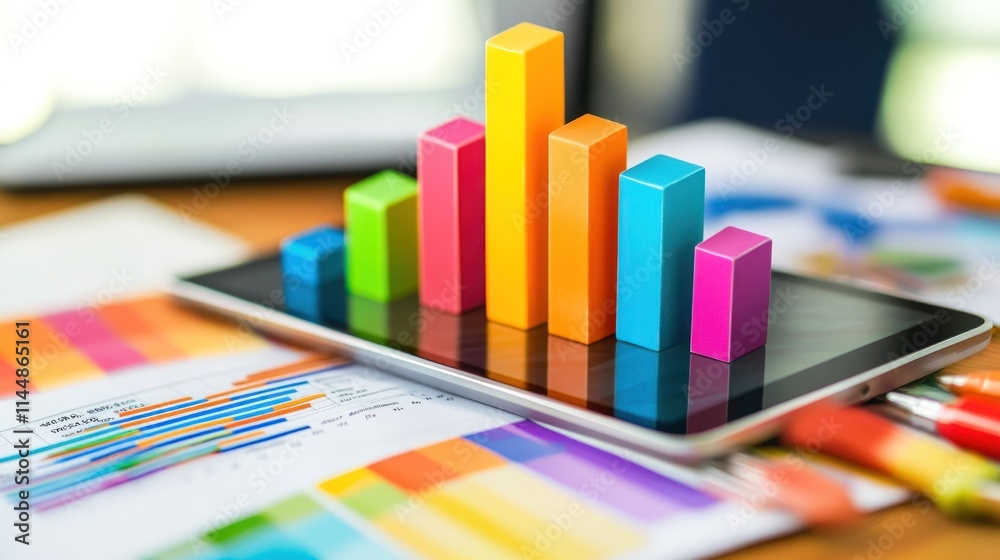 Colorful 3D bars graph on tablet with papers on table. Colorful 3D bars graph on tablet with papers on table.