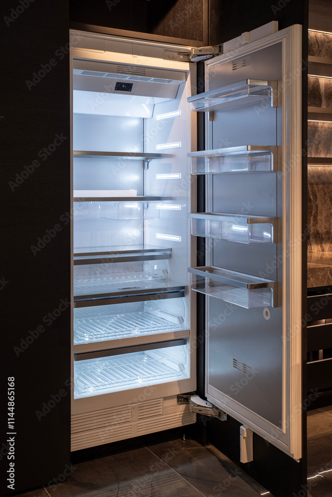 Built-in refrigerator in kitchen with open doors Built-in refrigerator in kitchen with open doors