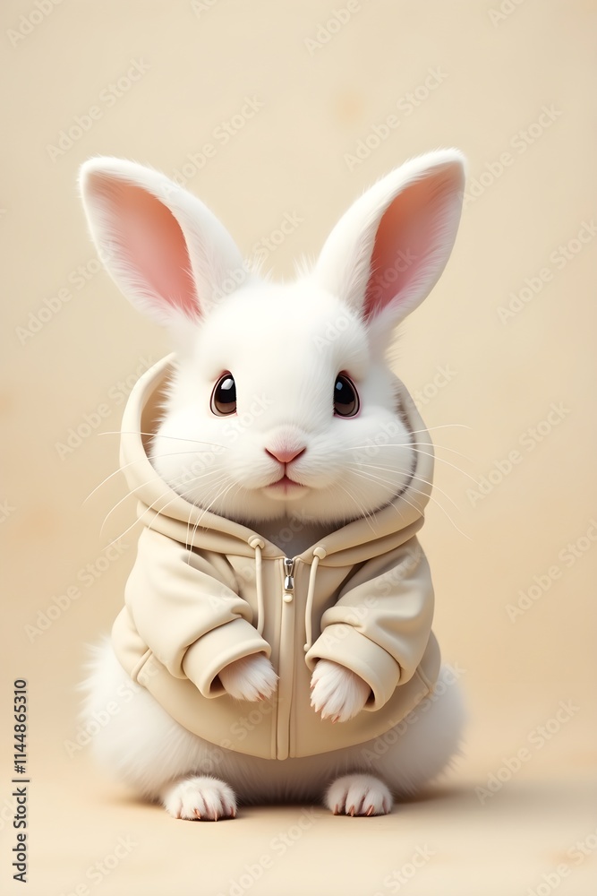 Obraz premium A fluffy white rabbit wearing a cozy, oversized cream hoodie, sitting calmly against a soft beige background