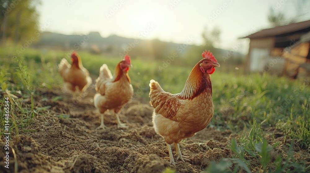 Fototapeta premium Three hens walking on a dirt path at sunset.