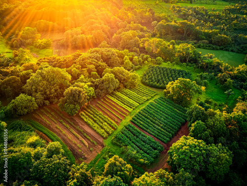 Image shows a well-planned, multicrop field surrounded by a lush forest, under the glow of sunrise or sunset The scene emphasizes agriculture and natures harmony photo