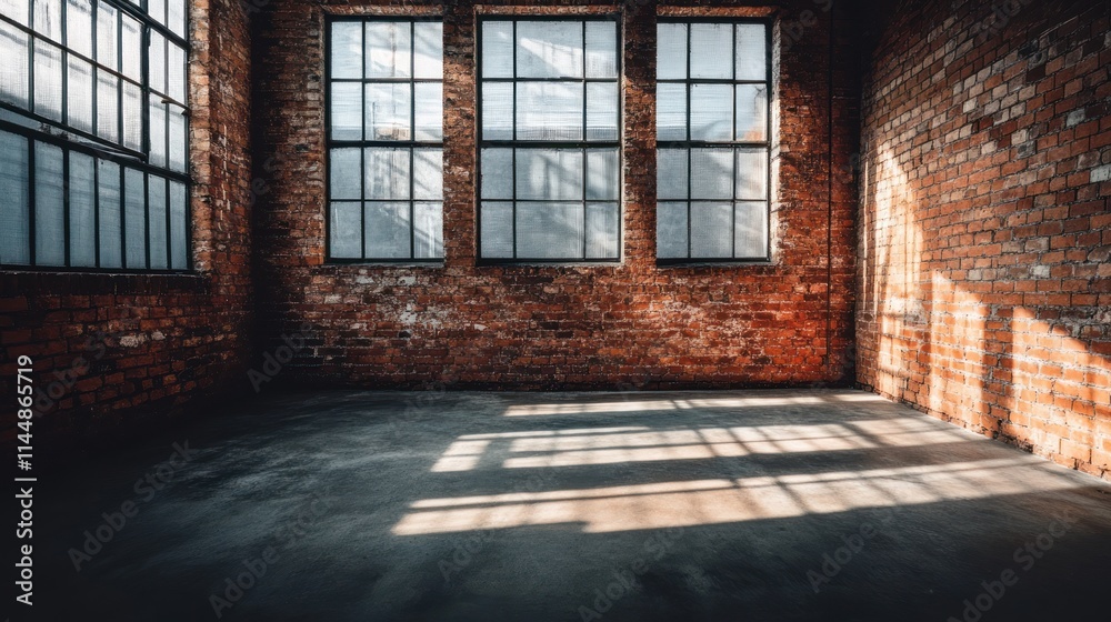 Empty room with brick walls, concrete floor and sunlit windows. Empty room with brick walls, concrete floor and sunlit windows.