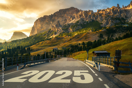 Принти на полотні 2025 New Year road trip travel and future vision concept