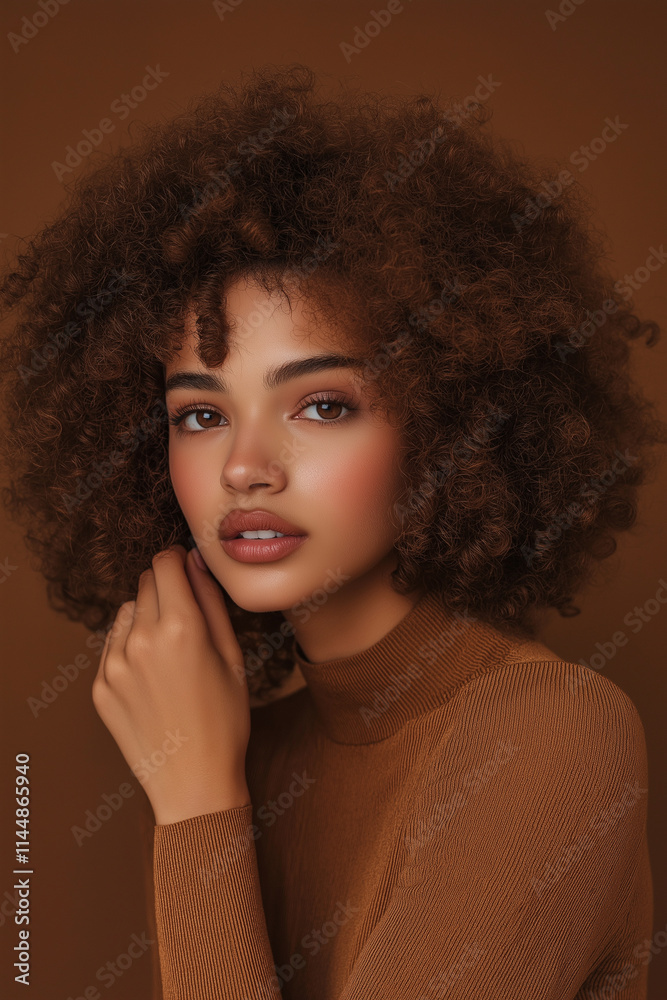 Fototapeta premium Portrait Of A Brazilian Woman With Curly Hair In Brown Turtleneck