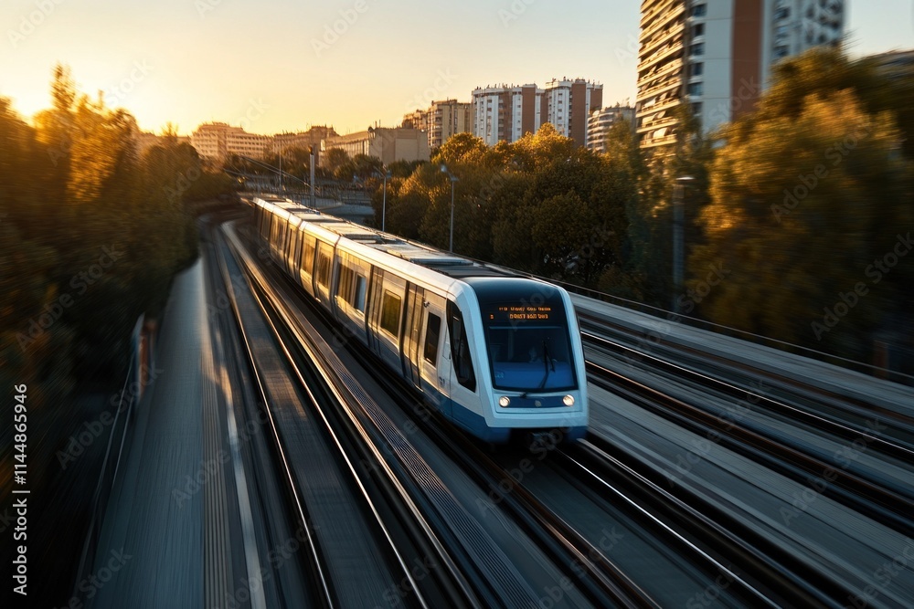 Obraz premium Moving train enters tunnel at sunset with city background.