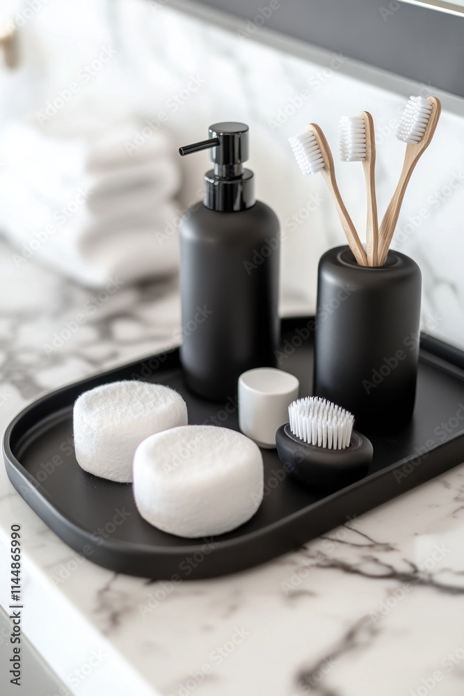 Bathroom countertop with black accessories, toothbrush, cotton.