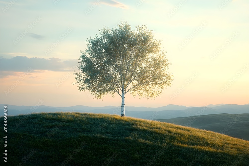 Serene minimalist landscape with a solitary birch tree at sunrise - Generative AI Serene minimalist landscape with a solitary birch tree at sunrise - Generative AI