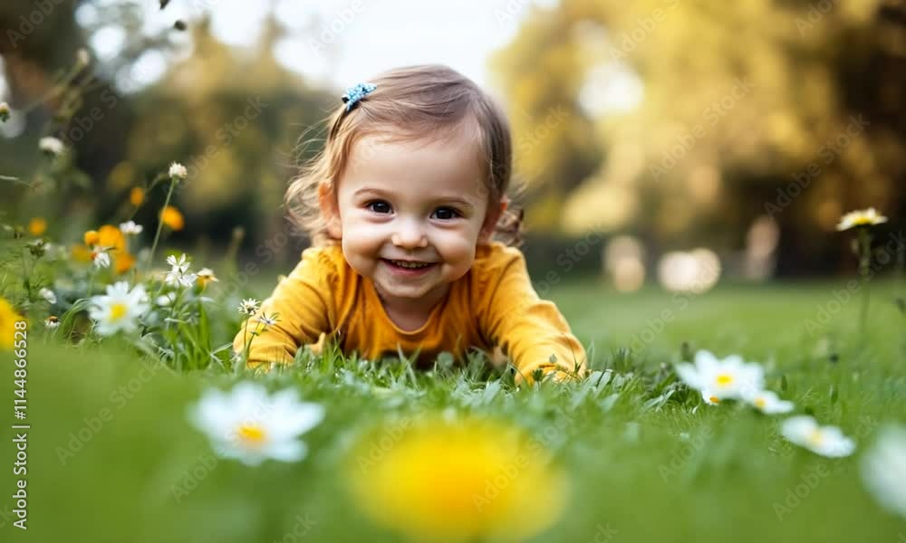 Happy child playing outdoor in spring field Happy child playing outdoor in spring field