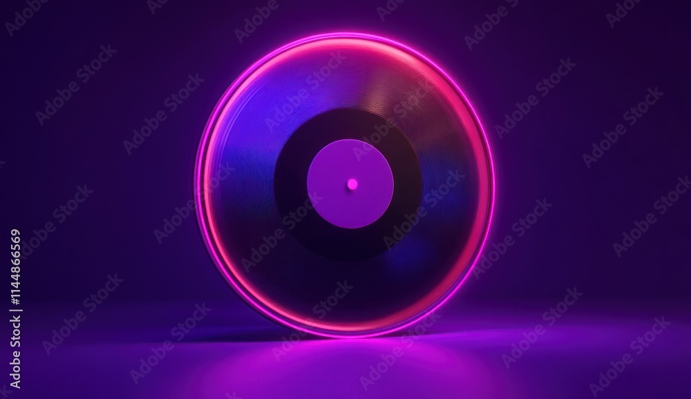 A vinyl record with a glowing pink neon edge, against purple background. A vinyl record with a glowing pink neon edge, against purple background.