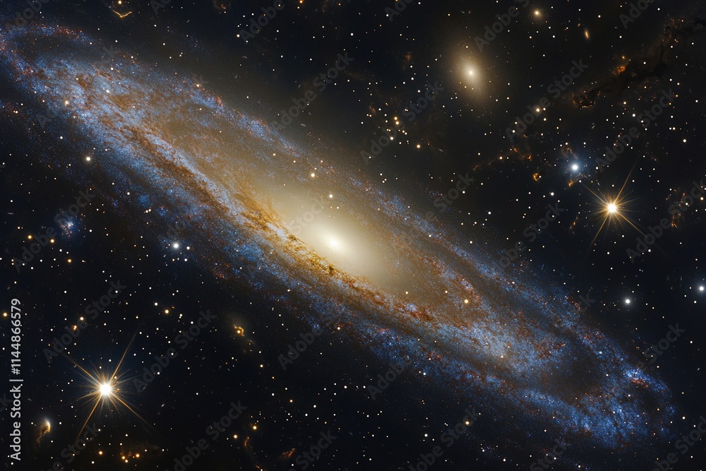 stunning image of distant galaxy with swirling clouds of cosmic dust and brilliant stars scattered throughout frame stunning image of distant galaxy with swirling clouds of cosmic dust and brilliant stars scattered throughout frame