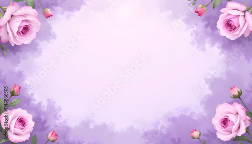 Beautiful rose flower frame on purple background for greeting cards and invitations with copy space