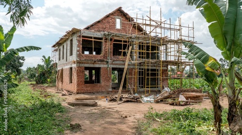 Wallpaper Mural Unfinished brick house construction with scaffolding, rural area, green vegetation. Torontodigital.ca