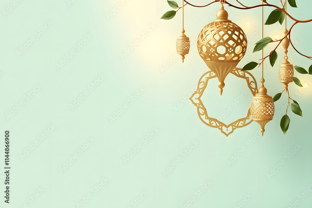 Obraz premium A serene background featuring elegant golden lanterns and decorative elements hanging from branches with green leaves. The soft mint green backdrop adds a calming touch, perfect for festive occasions.
