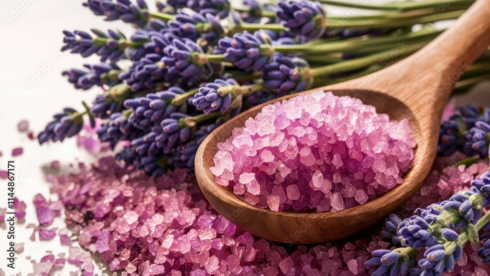 Promotional photo of a wooden spoon filled with coarse sea salt of bright lavender color, surrounded by a bouquet of fresh lavender. Promotional photo of a wooden spoon filled with coarse sea salt of bright lavender color, surrounded by a bouquet of fresh lavender.