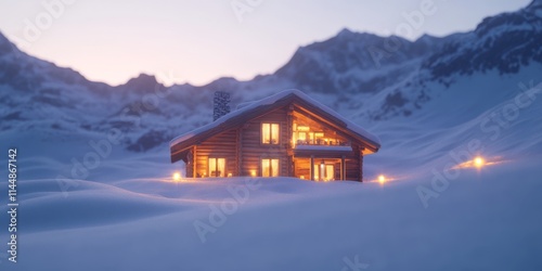 Warm glowing log cabin surrounded by deep snow under a soft twilight sky in a secluded mountain valley photo