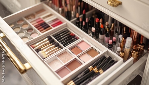 Makeup drawer, organized with various cosmetic products inside.