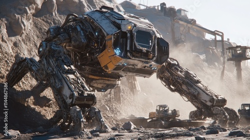 A giant mining excavator robot, its large robotic arm digging into the ground to extract minerals background wallpaper AI generated image