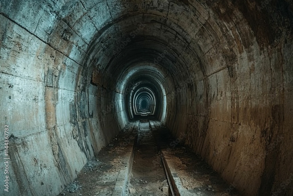 Fototapeta premium Dark, arched tunnel; tracks lead to light.