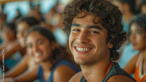 Happy Young Man Smiling in a Group Setting