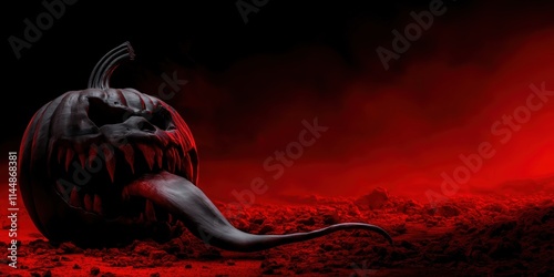 Terrifying black pumpkin with sharp teeth and a long, slimy tongue, set against a blood-red smoky background, perfect for eerie Halloween concepts. photo