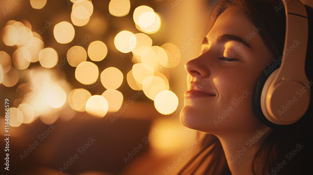 A softly focused image of a young woman wearing headphones, her face illuminated by the golden glow of hanging cafe lights. Her serene expression and slight smile convey pure bliss, with the blurred A softly focused image of a young woman wearing headphones, her face illuminated by the golden glow of hanging cafe lights. Her serene expression and slight smile convey pure bliss, with the blurred