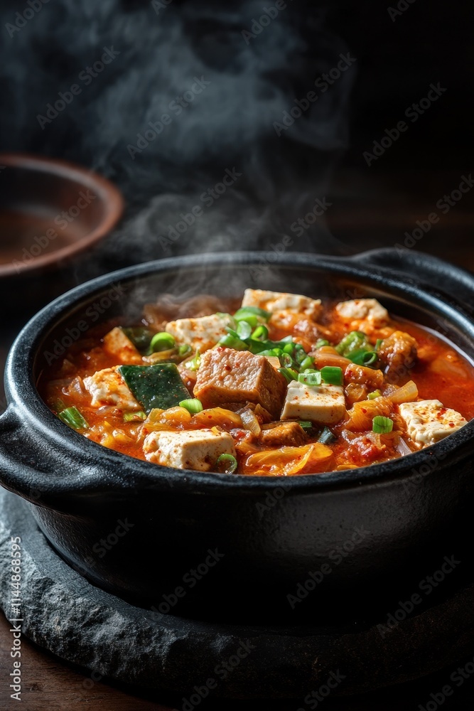 Steaming spicy stew with tofu in a black bowl. Steaming spicy stew with tofu in a black bowl.