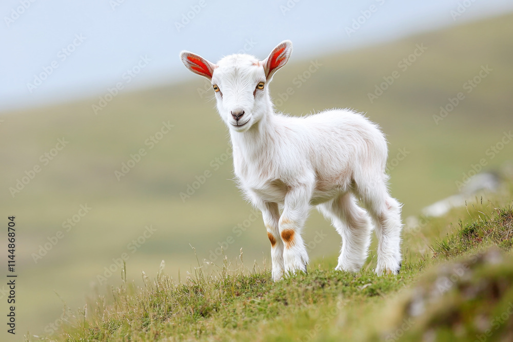 Adorable young white goat standing in green pasture on a clear day Adorable young white goat standing in green pasture on a clear day